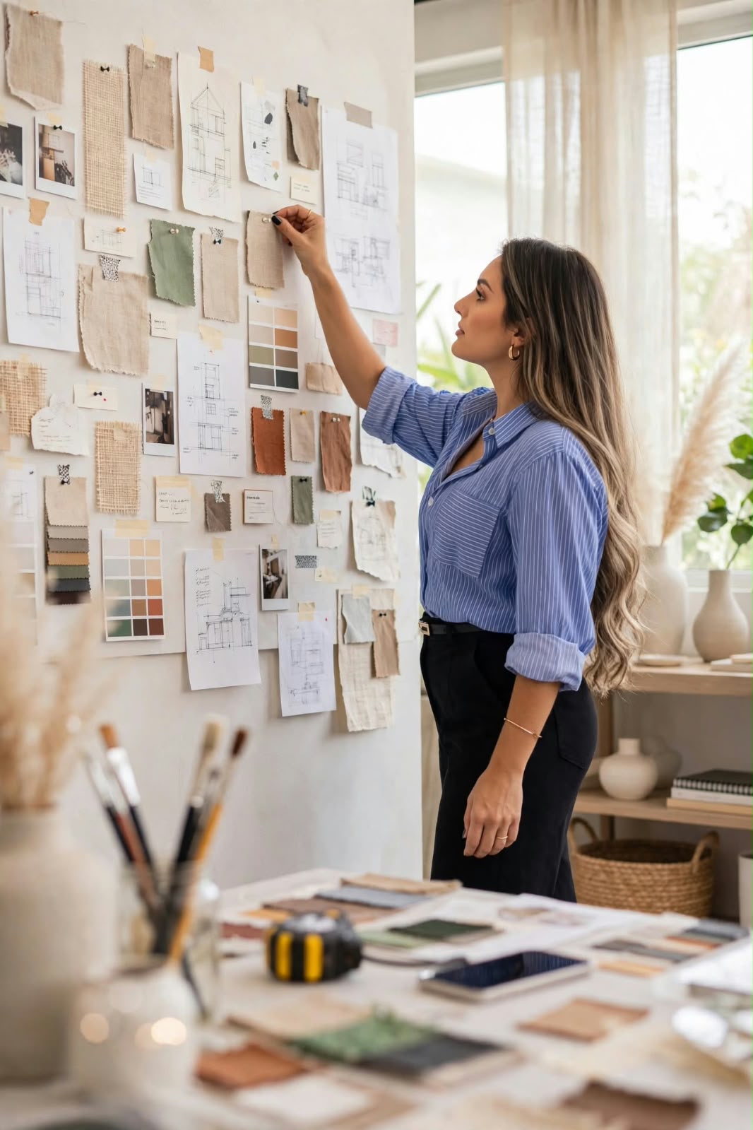 Ariadna Valcárcel, fundadora y directora creativa de NOMA Atelier, colocando una muestra textil en el mural de inspiraciones de su estudio.