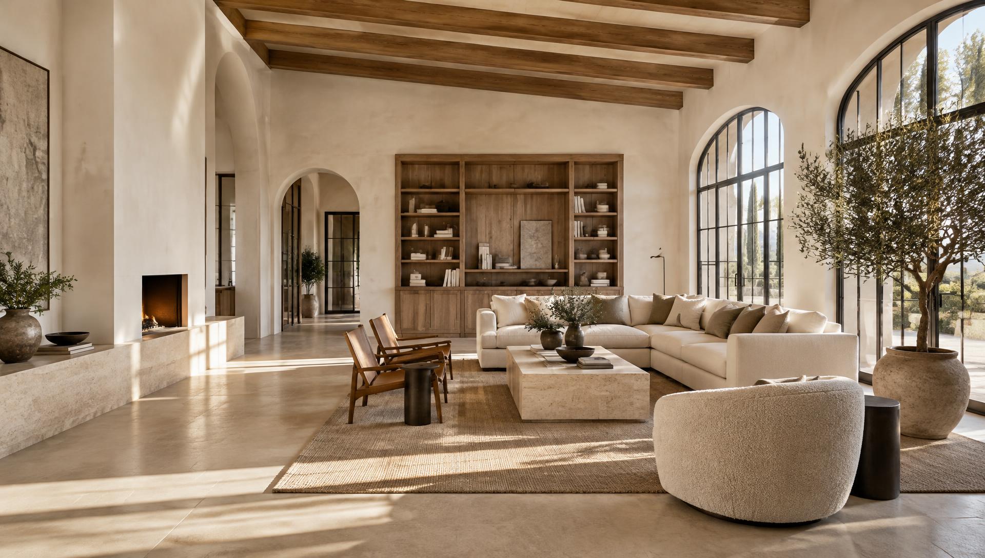 Salón de Casa Olivo con piedra natural, sofá de lino y luz mediterránea